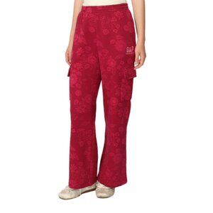 NWT GAP Youth Red Floral Fleece Cargo Pant Size Medium